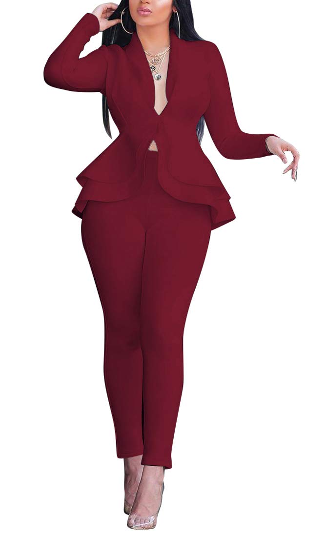 Aro Lora Women's 2 Piece Outfit Casual Solid Open Front Blazer and Pencil Pant Suits Set