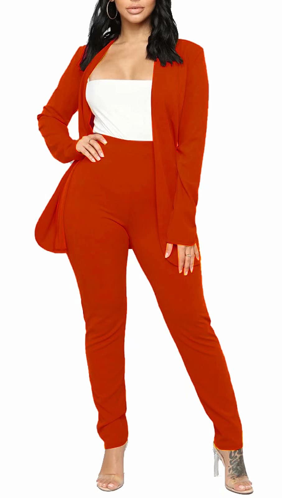 Aro Lora Women's 2 Piece Outfit Casual Solid Open Front Blazer and Pencil Pant Suits Set