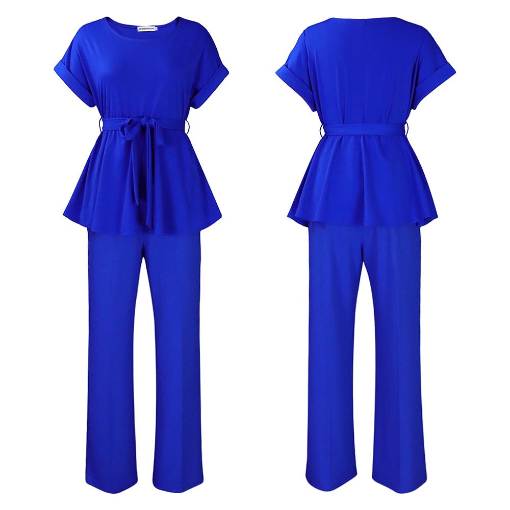 Women's 2 Piece Outfits Suit Set Short Sleeve Peplum Top Flared Pants Sets Business Pantsuits
