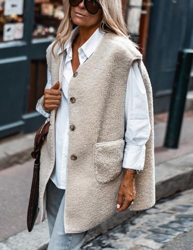 IDEALSANXUN Womens Oversized Fleece Vest Casual Sleeveless Sherpa Jackets