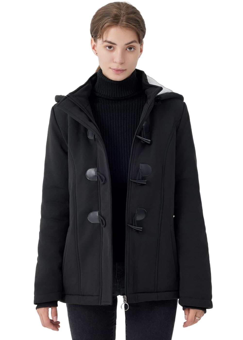 JiangWu Womens Fashion Horn Button Fleece Thicken Coat with Hood Winter Warm Jacket