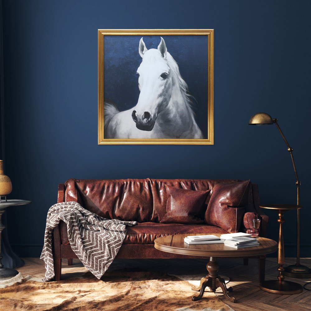 Blue And White Majestic Horse Gold Framed Print Wall Art