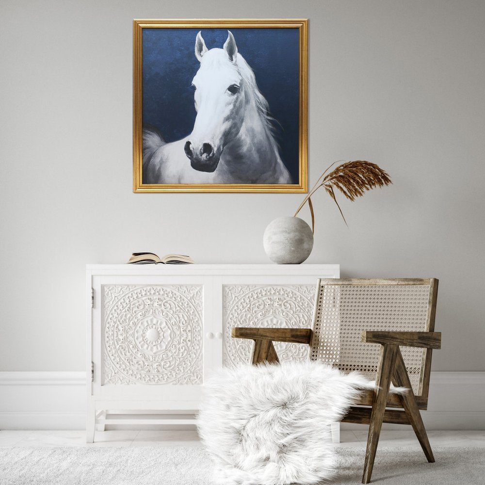Blue And White Majestic Horse Gold Framed Print Wall Art