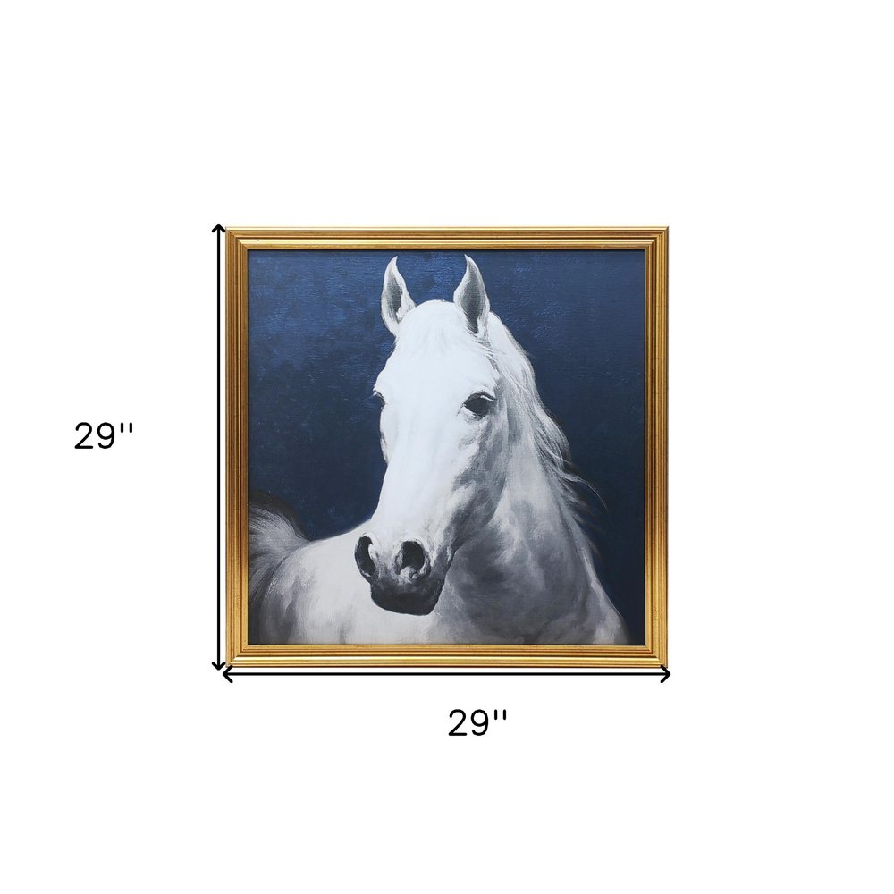 Blue And White Majestic Horse Gold Framed Print Wall Art