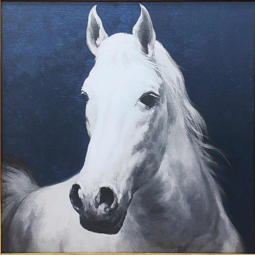 Blue And White Majestic Horse Gold Framed Print Wall Art