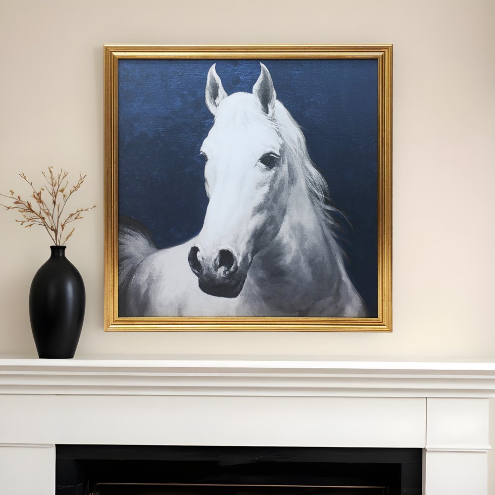 Blue And White Majestic Horse Gold Framed Print Wall Art