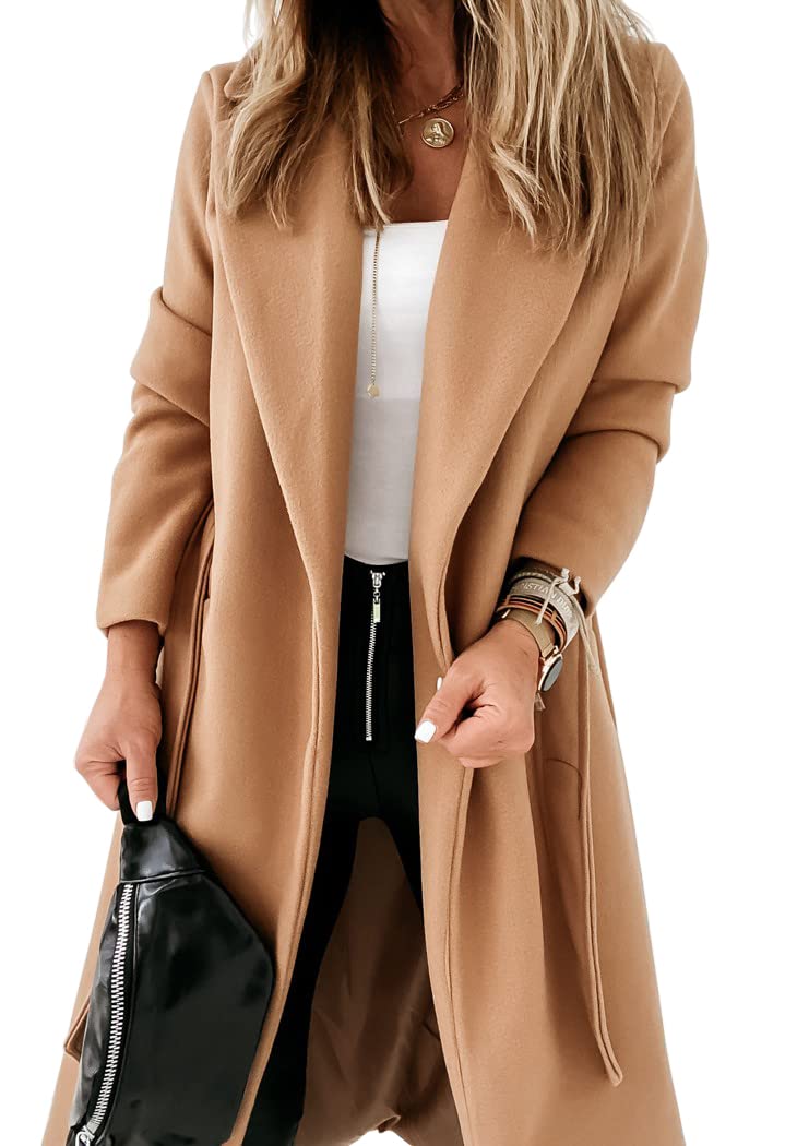 Womens Classic Coat Lapel Collar Open Front Belted Long Jacket