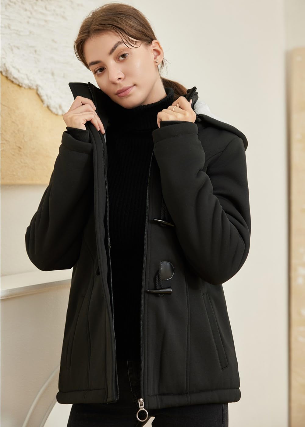 JiangWu Womens Fashion Horn Button Fleece Thicken Coat with Hood Winter Warm Jacket