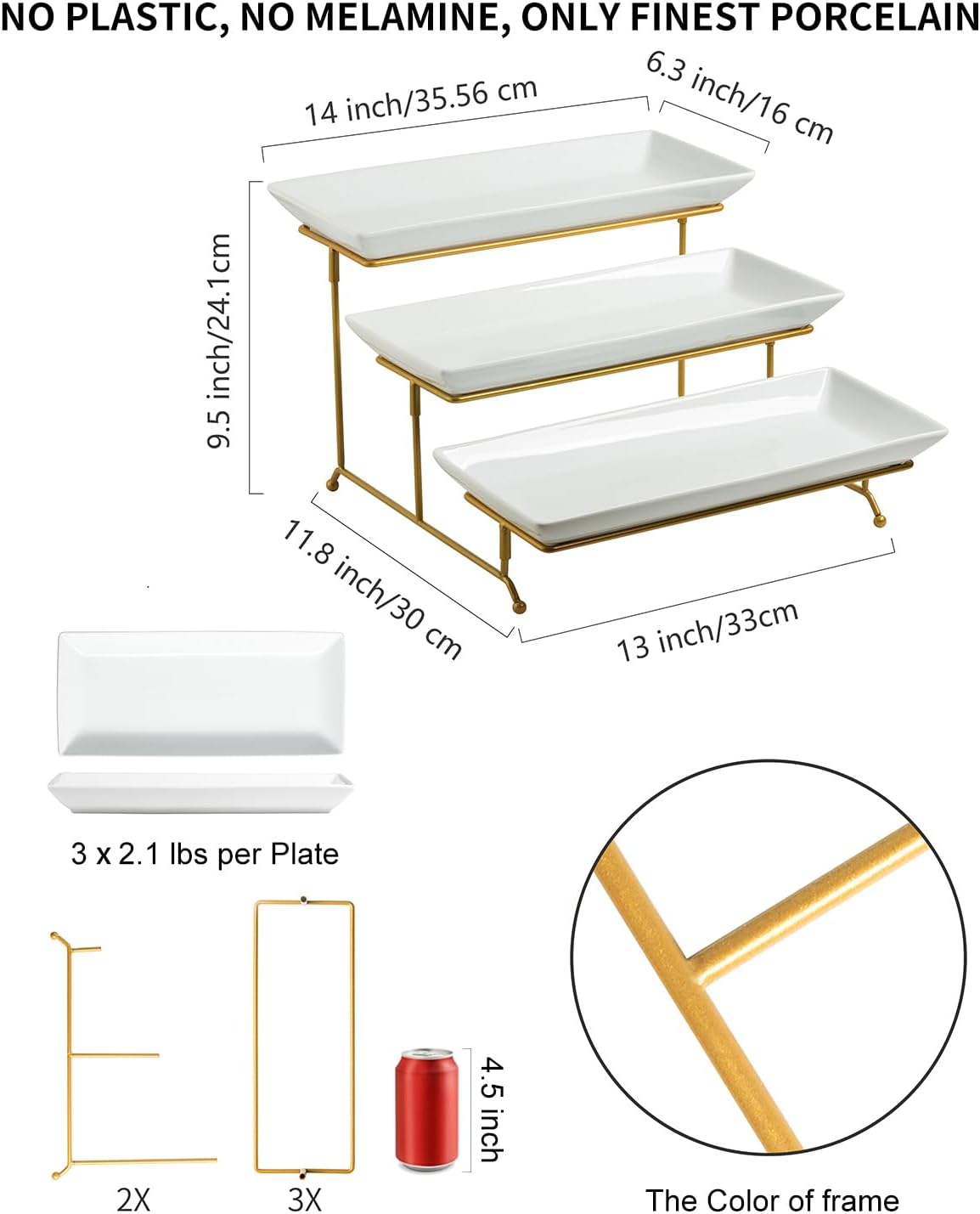 LAUCHUH Large 3 Tier Serving Stand Tiered Serving Trays Collapsible Sturdier Rack with 3 Porcelain Serving Platters for Fruit Dessert Presentation Thanksgiving Christmas Party Display Set, 14 Inch