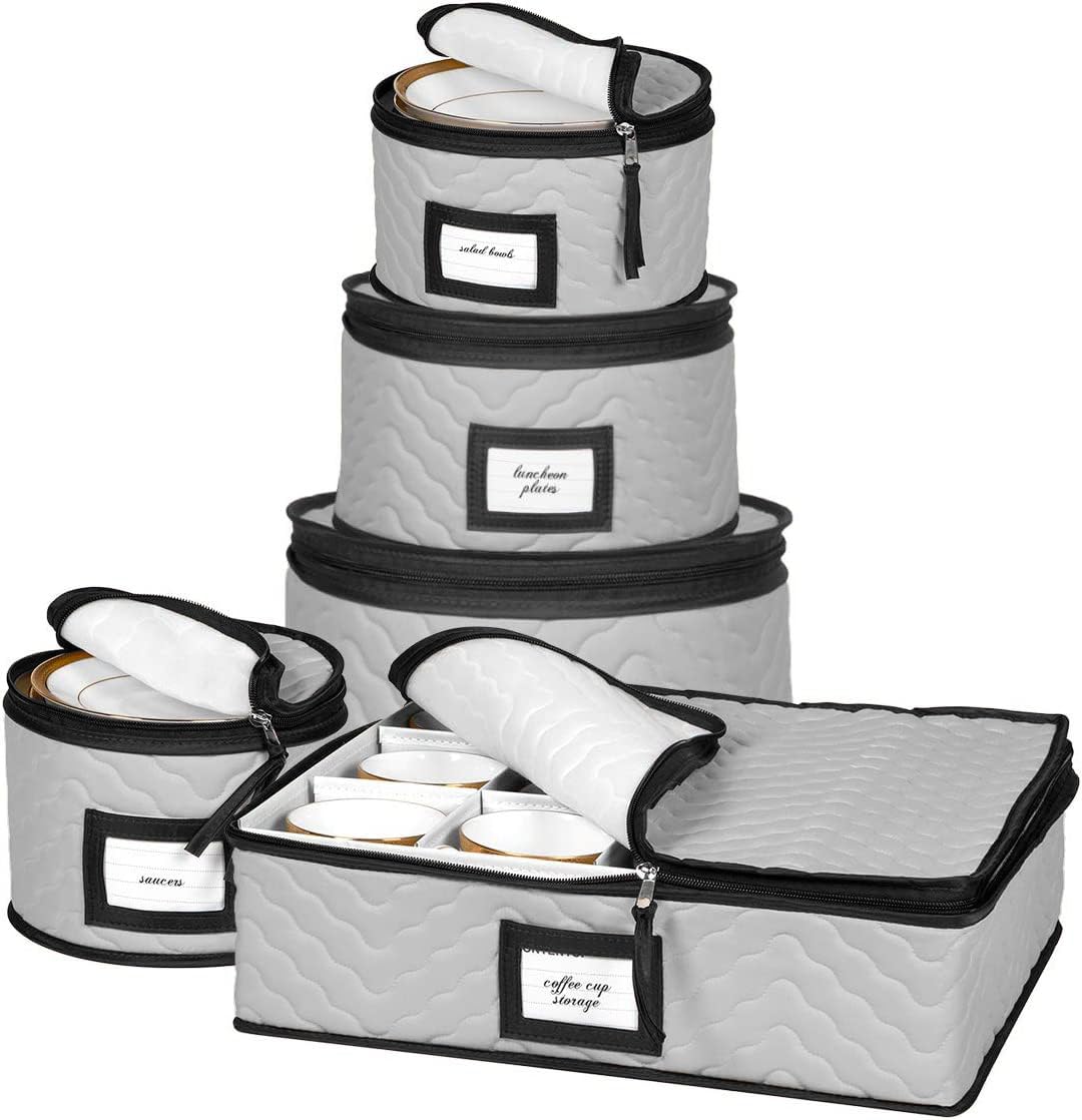 China Storage Containers 5-Piece Set Moving Boxes for Dinnerware, Glasses, Plates, Mugs and Saucers Sturdy Quilted Microfiber Dish Organizer with Dividers for Seasonal Storage - Holds Set of 12