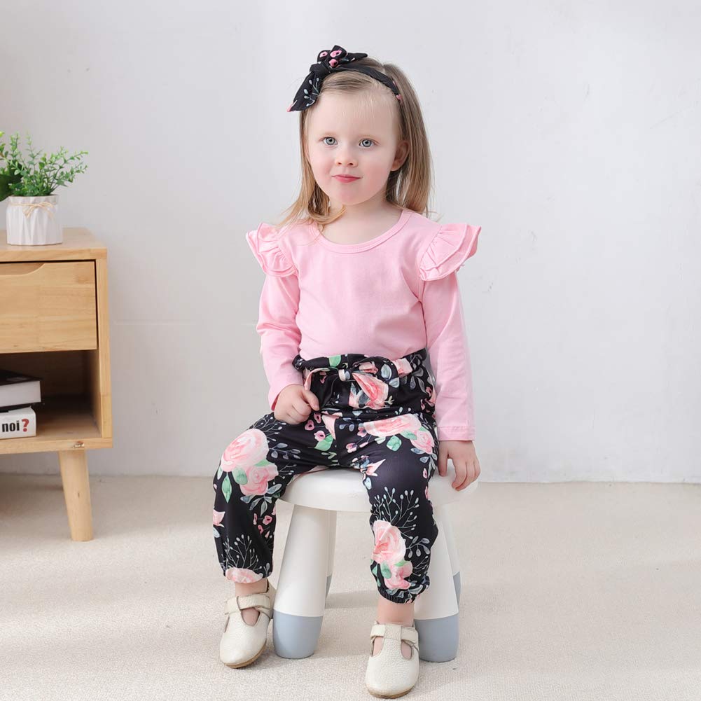 SANMIO Toddler Girl Clothes Outfits Cute Ruffle Sleeve Shirt Floral Pant+Headband 3Pcs Baby Girl Clothing Set 1-6T