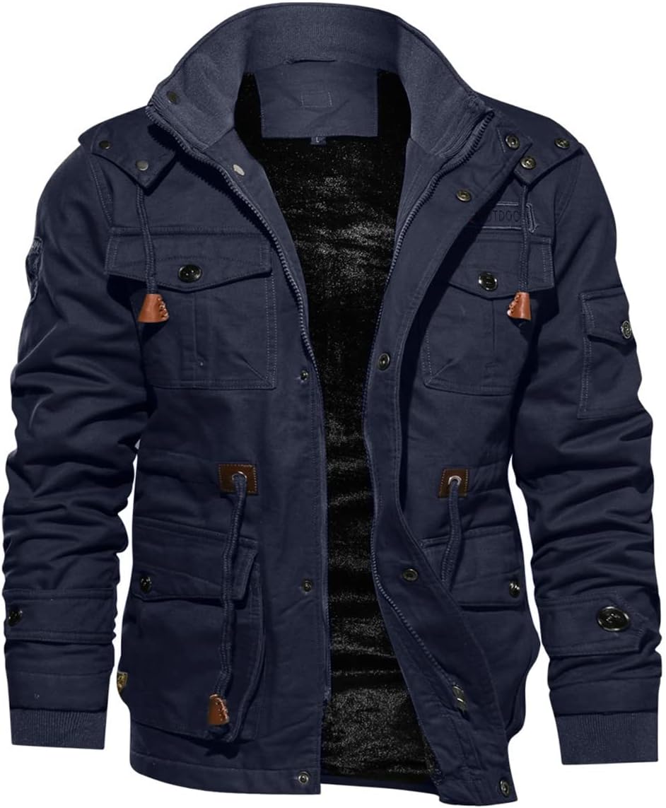 TACVASEN Men's Winter Jacket Cotton Military Jackets Fleece Lined Thick Work Warm Cargo Coats with Hooded