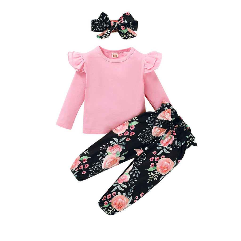 YALLET 3Pcs Toddler Girl Clothes Solid Color Long Sleeves Ruffle Top+Floral Pants+Headband 1-6 Years Fall/Winter Outfits Set