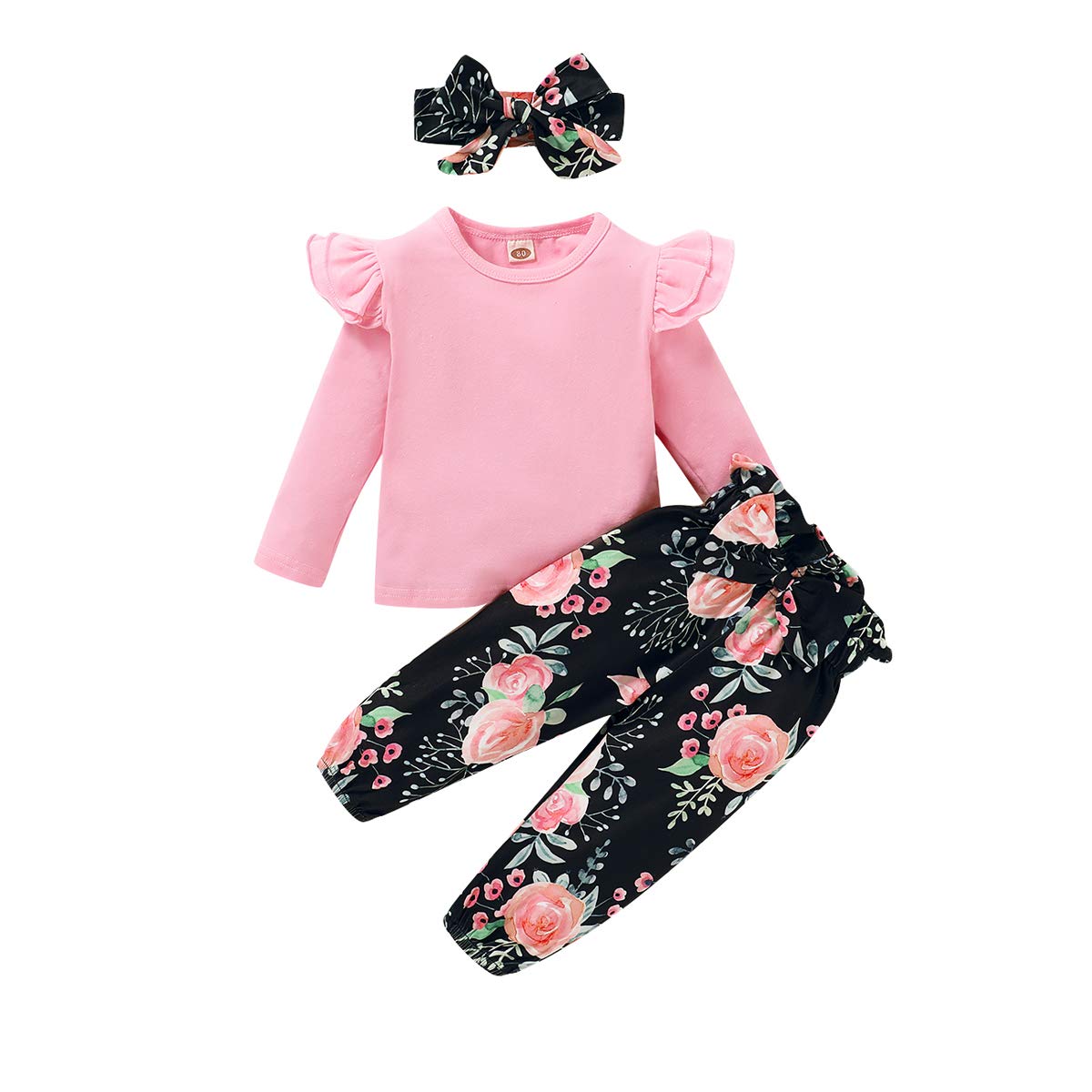 YALLET 3Pcs Toddler Girl Clothes Solid Color Long Sleeves Ruffle Top+Floral Pants+Headband 1-6 Years Fall/Winter Outfits Set