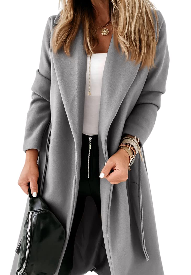 Womens Classic Coat Lapel Collar Open Front Belted Long Jacket