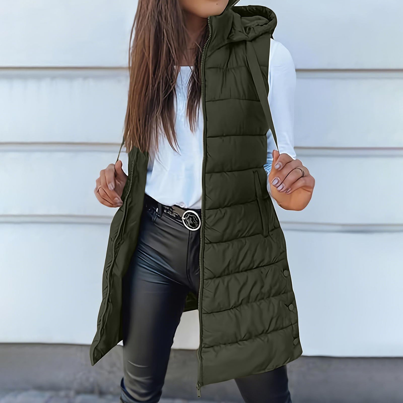 Long Puffer Vest Women Sleeveless Full Zip Up Puffy Jackets Quilted Padded Fall Coats Winter Outerwear