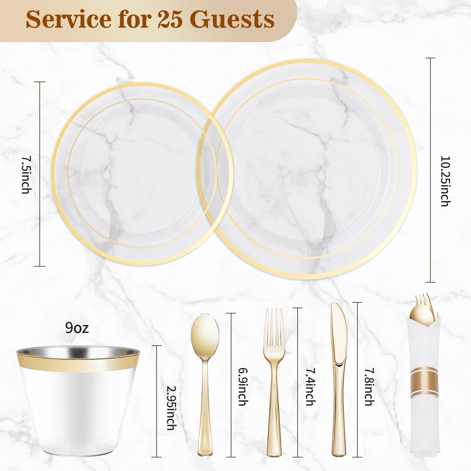 350PCS Gold Plastic Dinnerware Set, Disposable Party Plates for 50 Guests, Include: 100 Plastic Plates, 50 Pre Rolled Napkins with Gold Silverware, 50 Cups