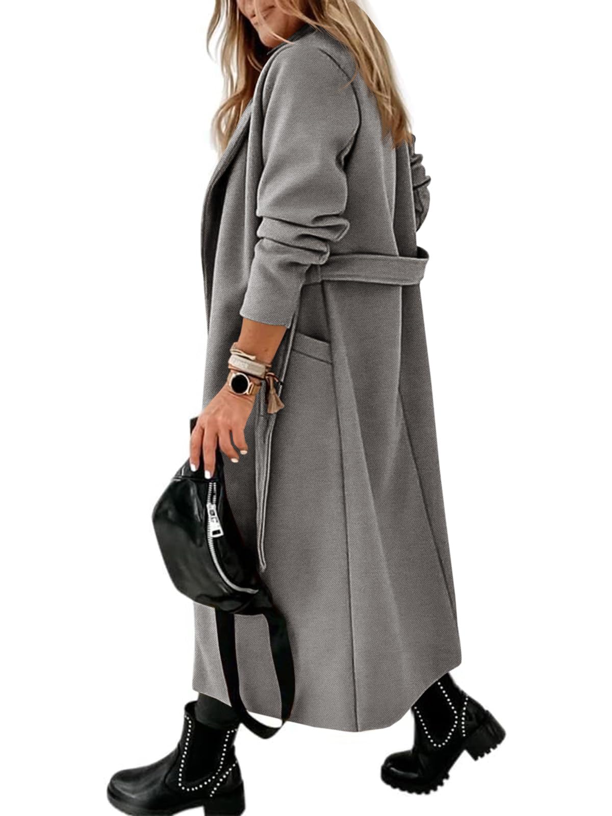 Womens Classic Coat Lapel Collar Open Front Belted Long Jacket