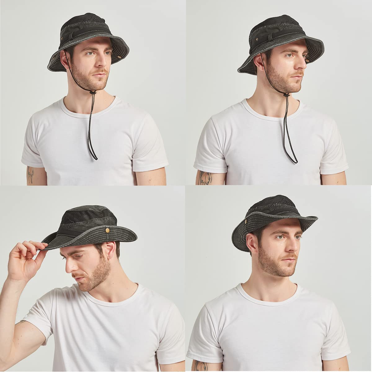 Sun Hat for Men, Cotton Embroidery Summer Outdoor Sun Protection Wide Brim Bucket Hat Foldable Safari Boonie Hat
