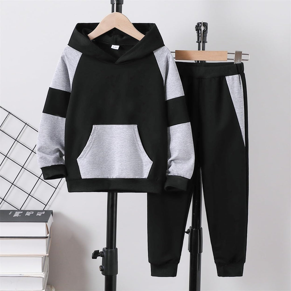 5-11Y Boys Clothes Long Sleeve Hooded Pullover Colorblock Sweatshirt + Pants 2pcs Fall Winter Outfit Set