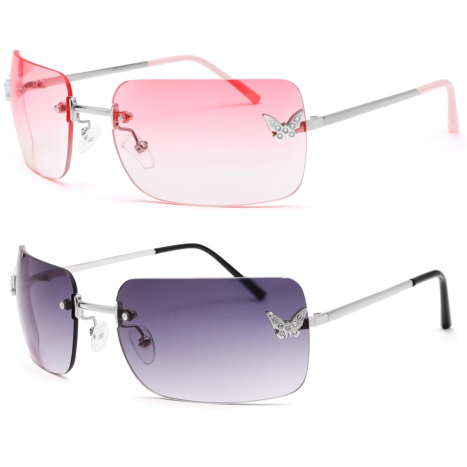 Rectangle Rimless Sunglasses for Women Retro Trendy Square Sun Glasses Vintage Shades