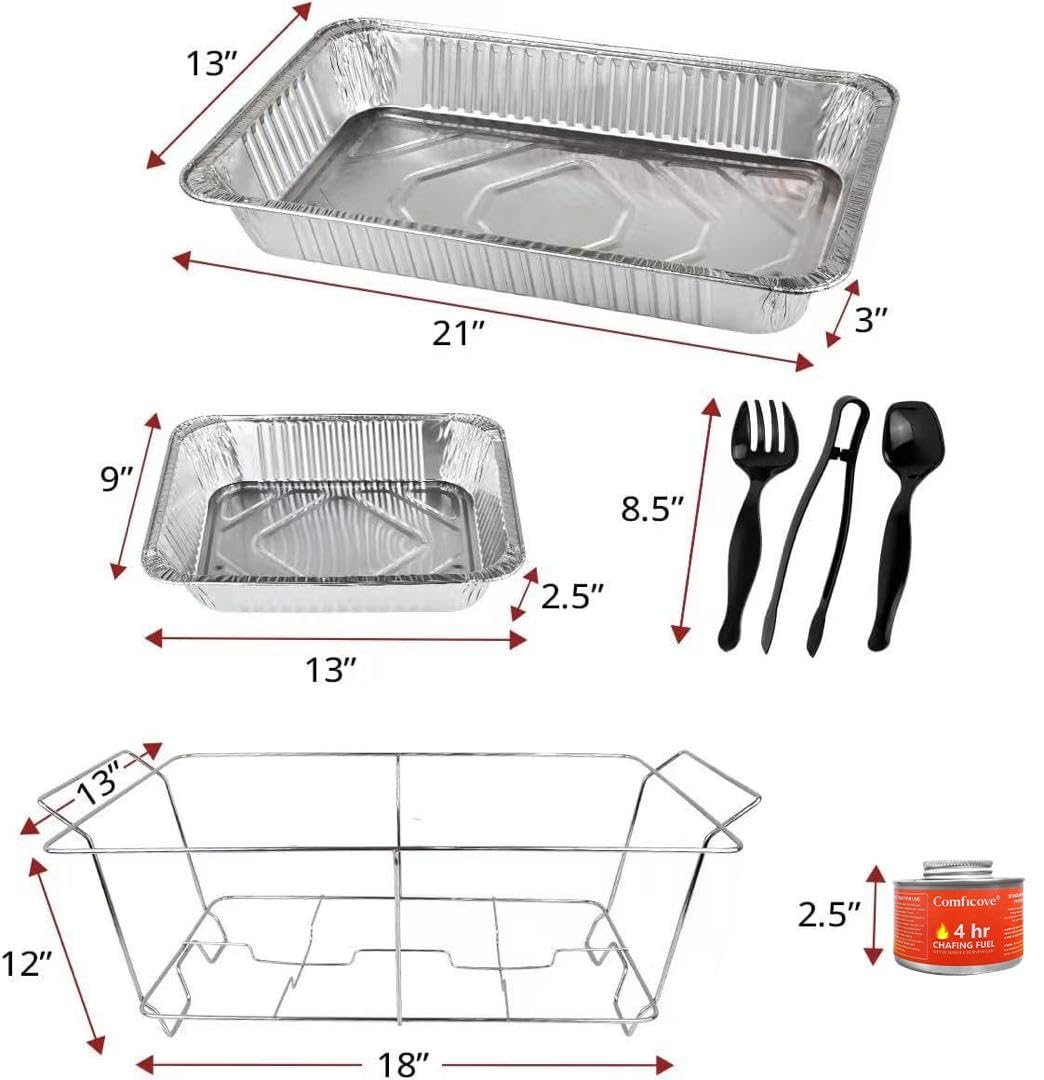 Disposable Chafing Dish Buffet Set, 33 Piece of Chafing Servers with Food Warmers, Covers, Half-Size Food Pans, Water Trays, Serving Utensils, Foil Lids and 4Hr Fuel Cans for Parties, Catering