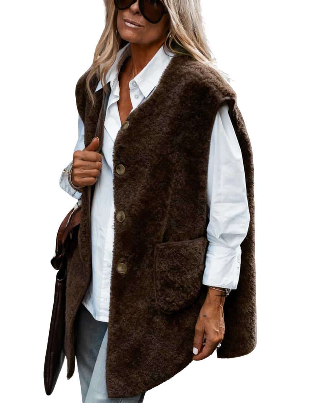 IDEALSANXUN Womens Oversized Fleece Vest Casual Sleeveless Sherpa Jackets
