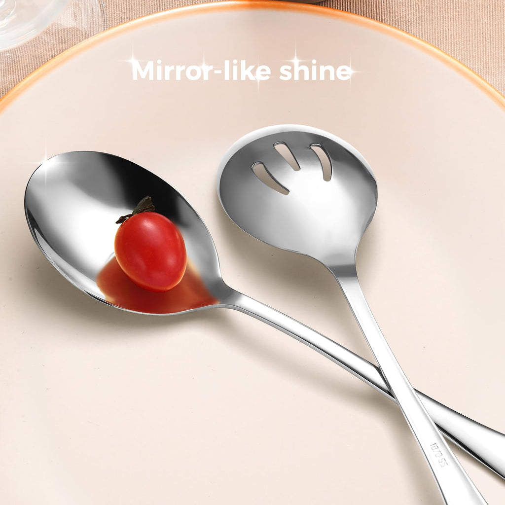 6 Piece Stainless Steel Serving Spoons Set, 10-Inch, Includes 2 Spoon/Slotted/Forks for Parties/Kitchen/Buffet/Catering, Dishwasher Safee