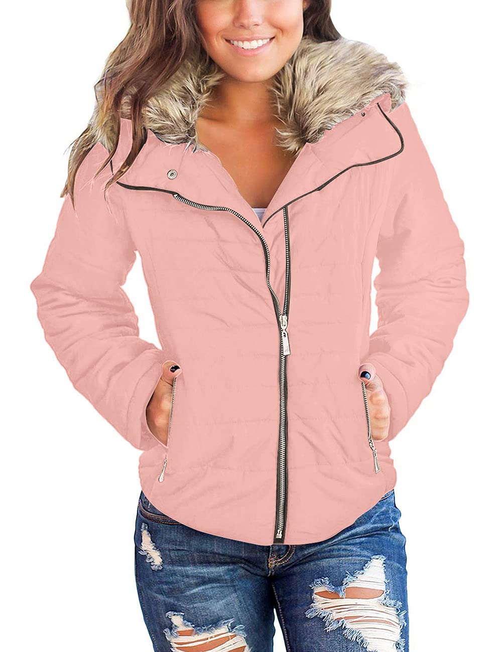 Vetinee Women Casual Faux Fur Lapel Zip Pockets Quilted Parka Jacket Puffer Coat