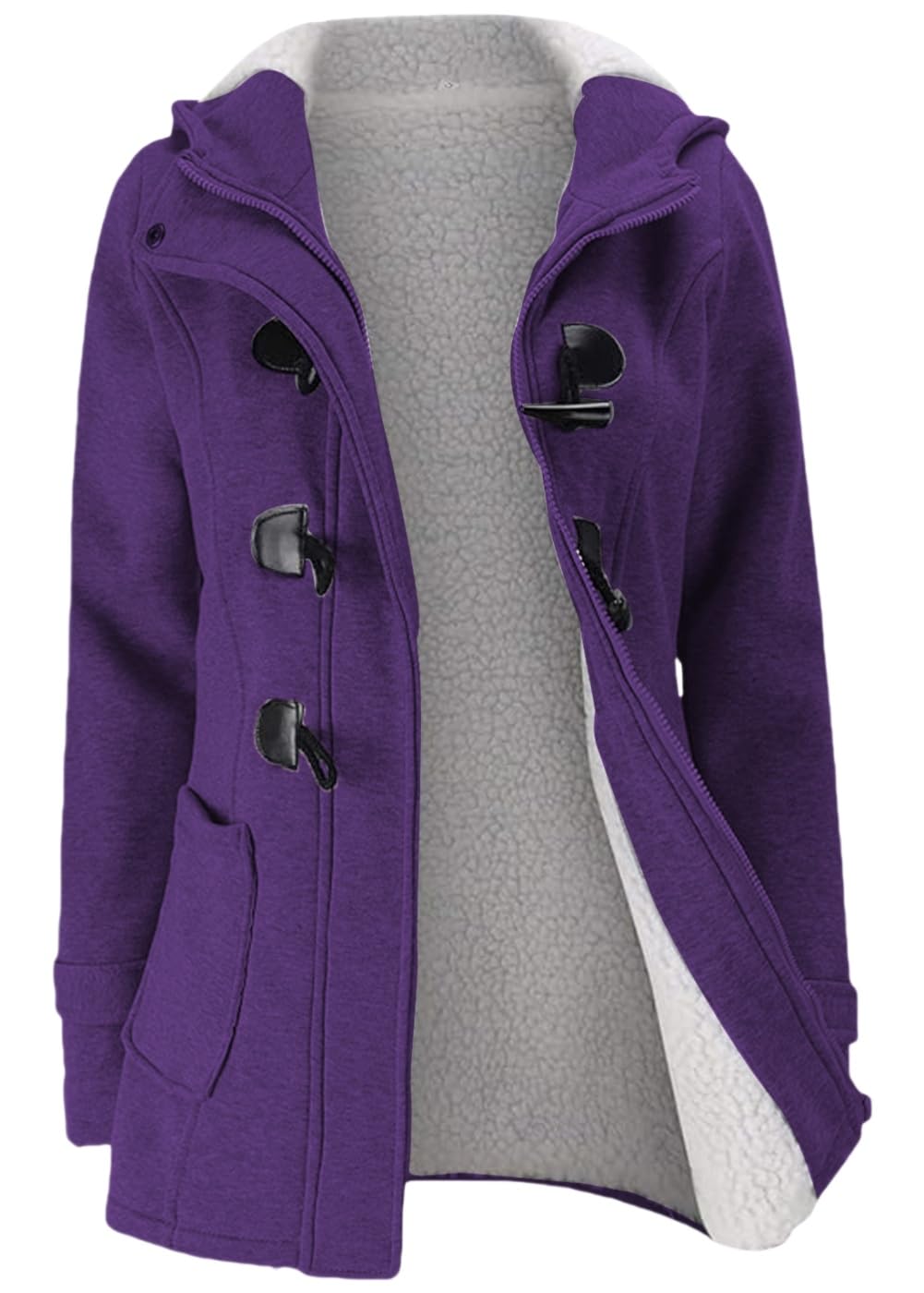 JiangWu Womens Fashion Horn Button Fleece Thicken Coat with Hood Winter Warm Jacket