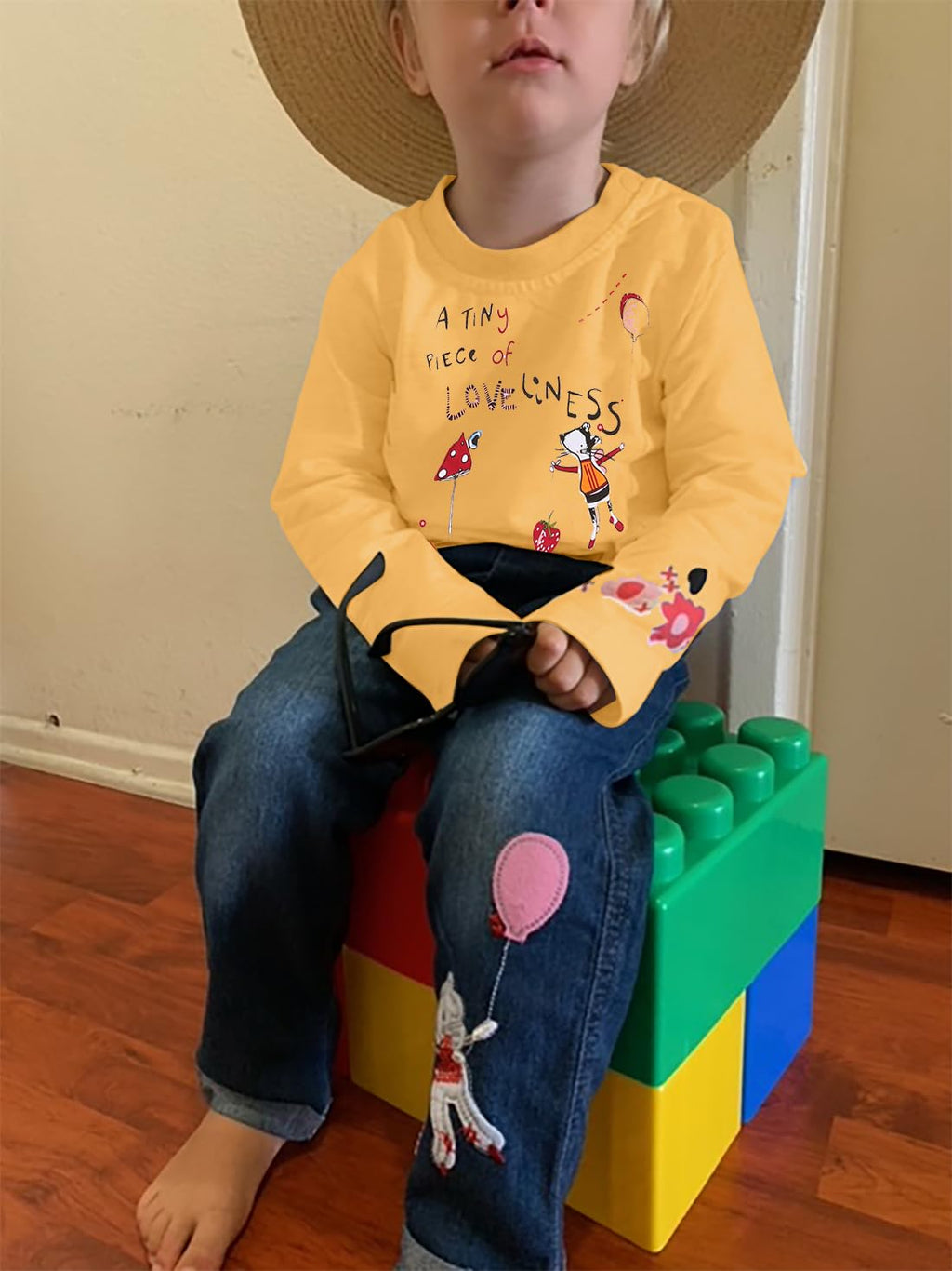 LUKYCILD Toddler Girl Clothes Baby Girl Long Sleeve Top + Jeans Pants with Pockets 2 Piece Outfit Cartoon Clothing Set