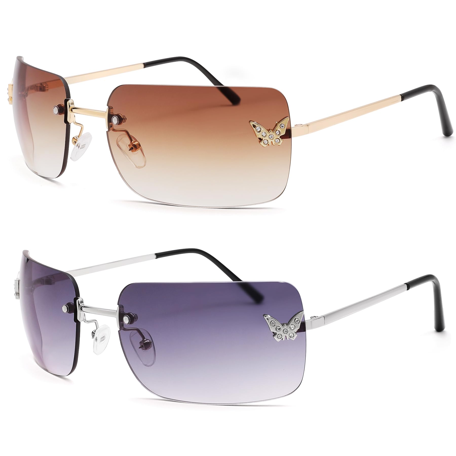 Rectangle Rimless Sunglasses for Women Retro Trendy Square Sun Glasses Vintage Shades