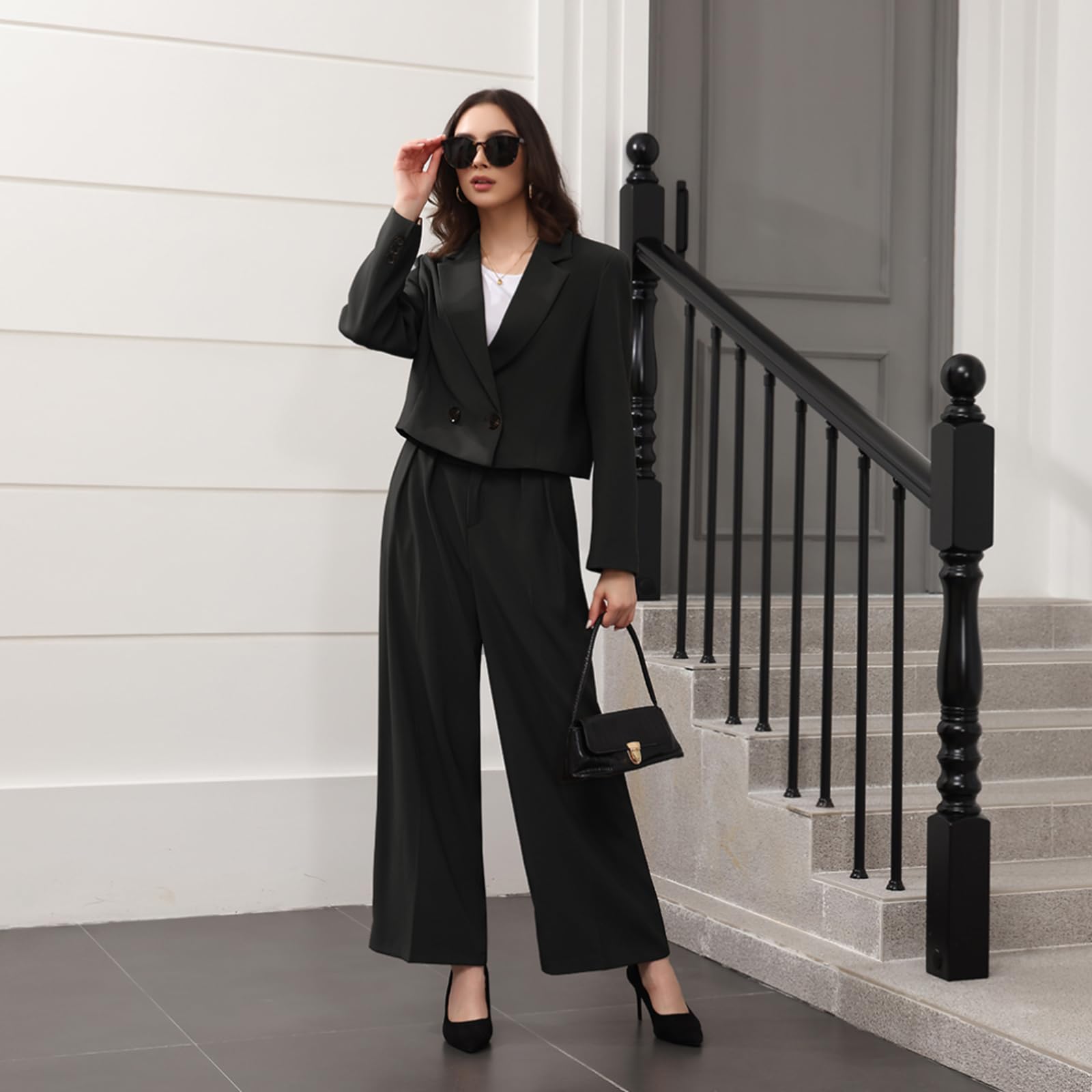 Lamgool Women's Suit 2 Piece Casual Outfits Cropped Blazer High Waisted Wide Leg Pants for Work