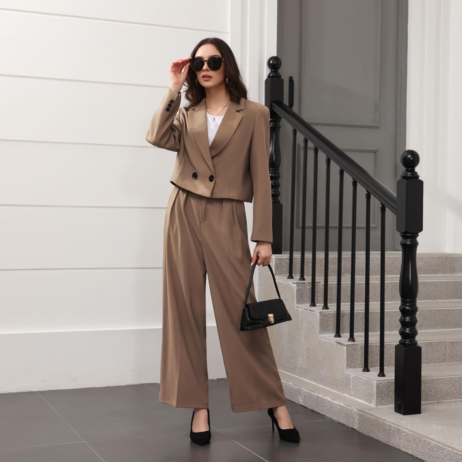 Lamgool Women's Suit 2 Piece Casual Outfits Cropped Blazer High Waisted Wide Leg Pants for Work