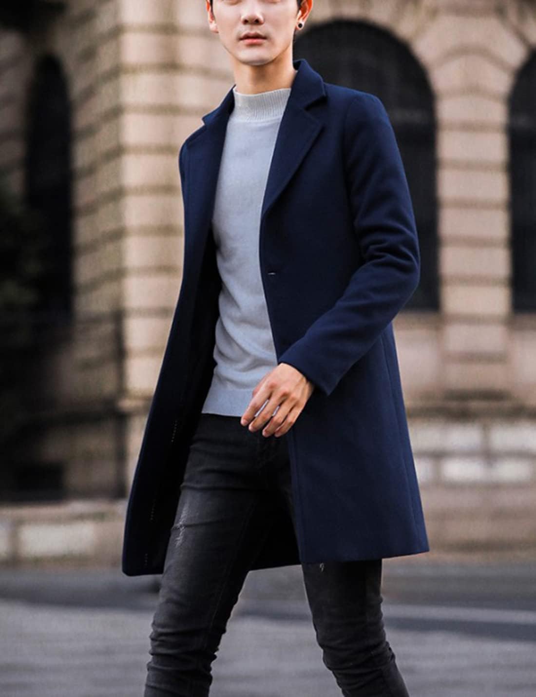 Springrain Men's Wool Blend Pea Coat Notched Collar Single Breasted Overcoat Warm Winter Trench Coat