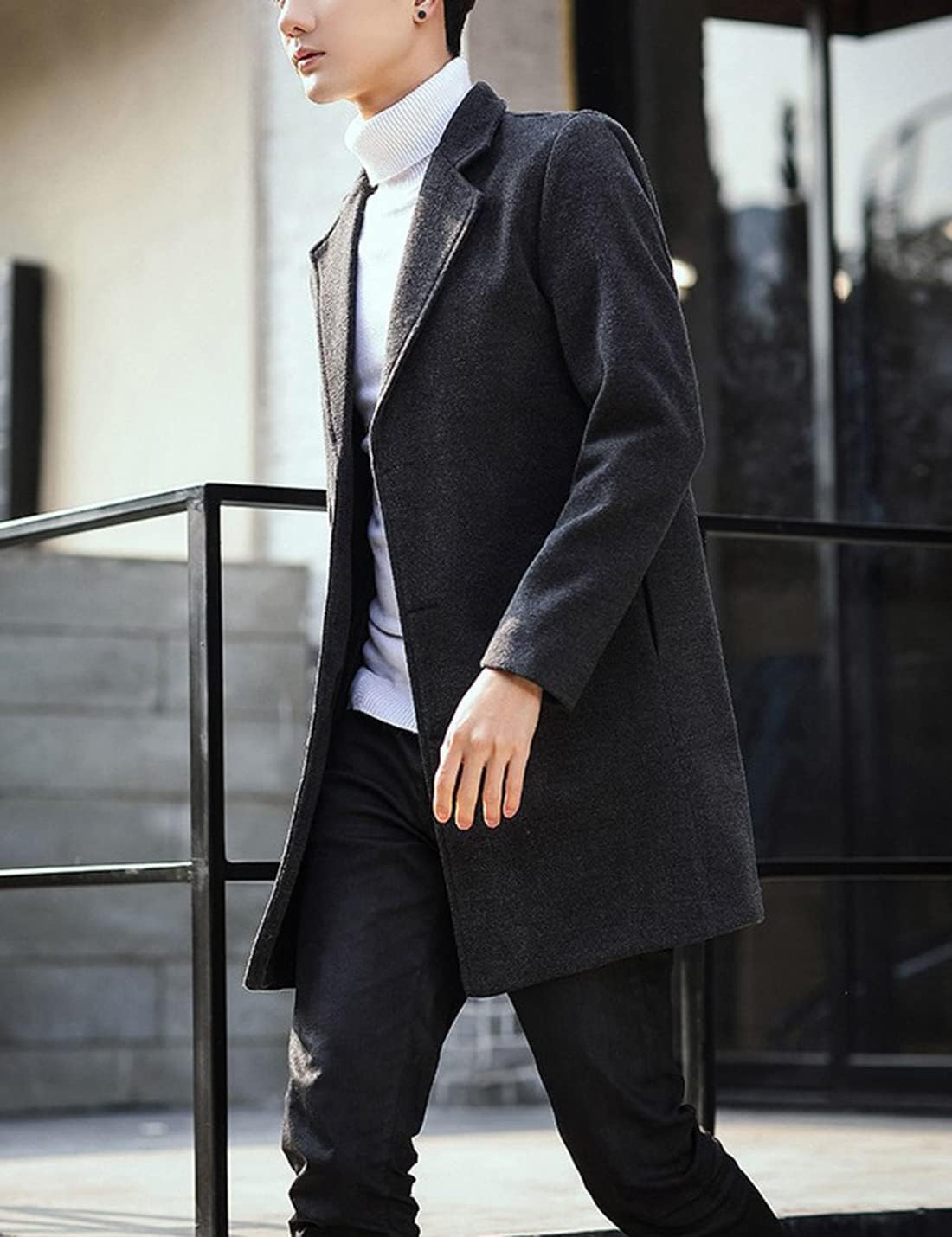 Springrain Men's Wool Blend Pea Coat Notched Collar Single Breasted Overcoat Warm Winter Trench Coat