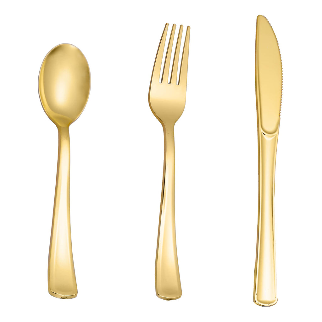 N9R 300PCS Gold Plastic Silverware, Heavy Duty Gold Plastic Cutlery Set Disposable Flatware Dinnerware, 100 Forks, 100 Spoons, 100 Knives, Perfect for Party, Wedding and Daily Use