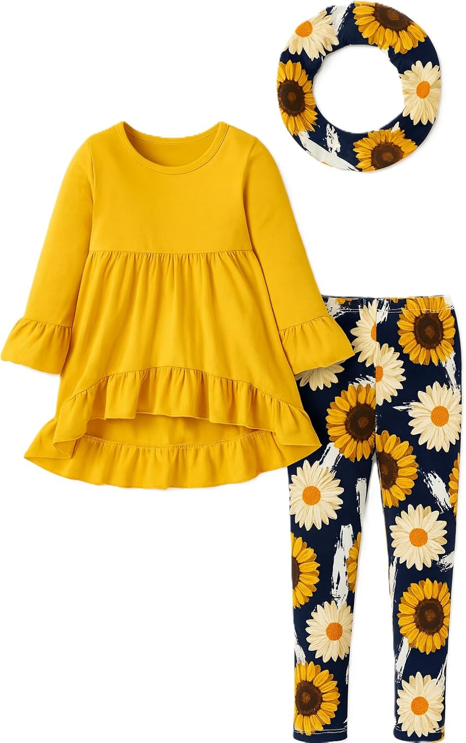 Unique Baby Girls Kids Toddler 3pc Outfit Set Long Sleeve Cotton Blend Tunic Top Leggings and Scarf