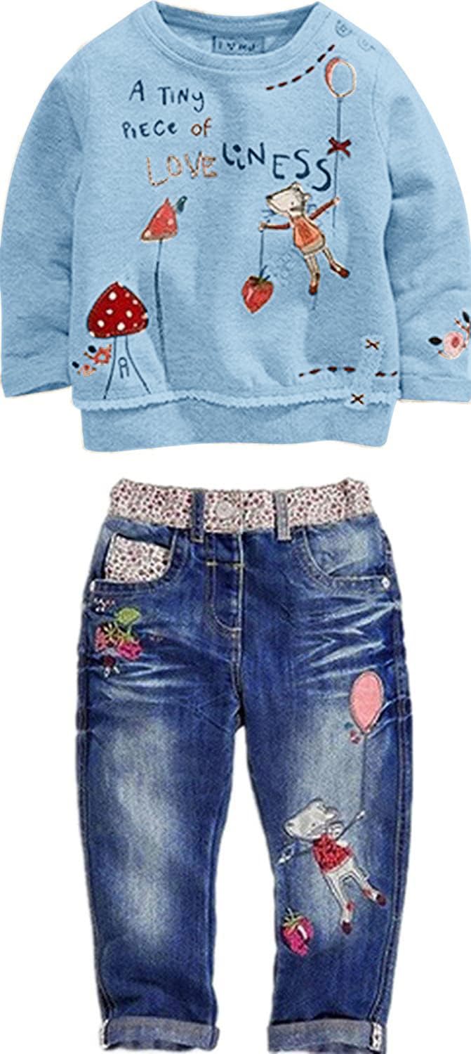 LUKYCILD Toddler Girl Clothes Baby Girl Long Sleeve Top + Jeans Pants with Pockets 2 Piece Outfit Cartoon Clothing Set