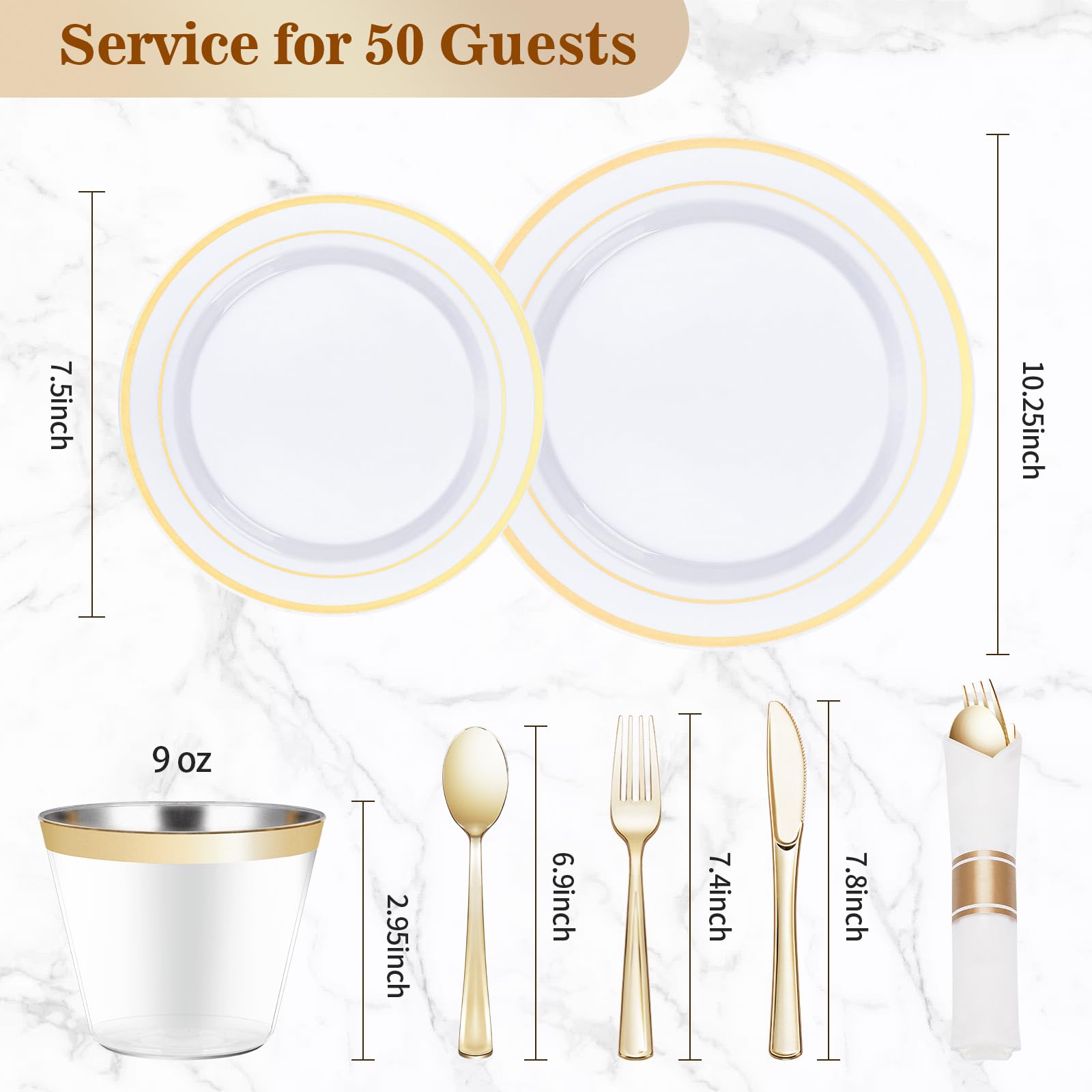 350PCS Gold Plastic Dinnerware Set, Disposable Party Plates for 50 Guests, Include: 100 Plastic Plates, 50 Pre Rolled Napkins with Gold Silverware, 50 Cups