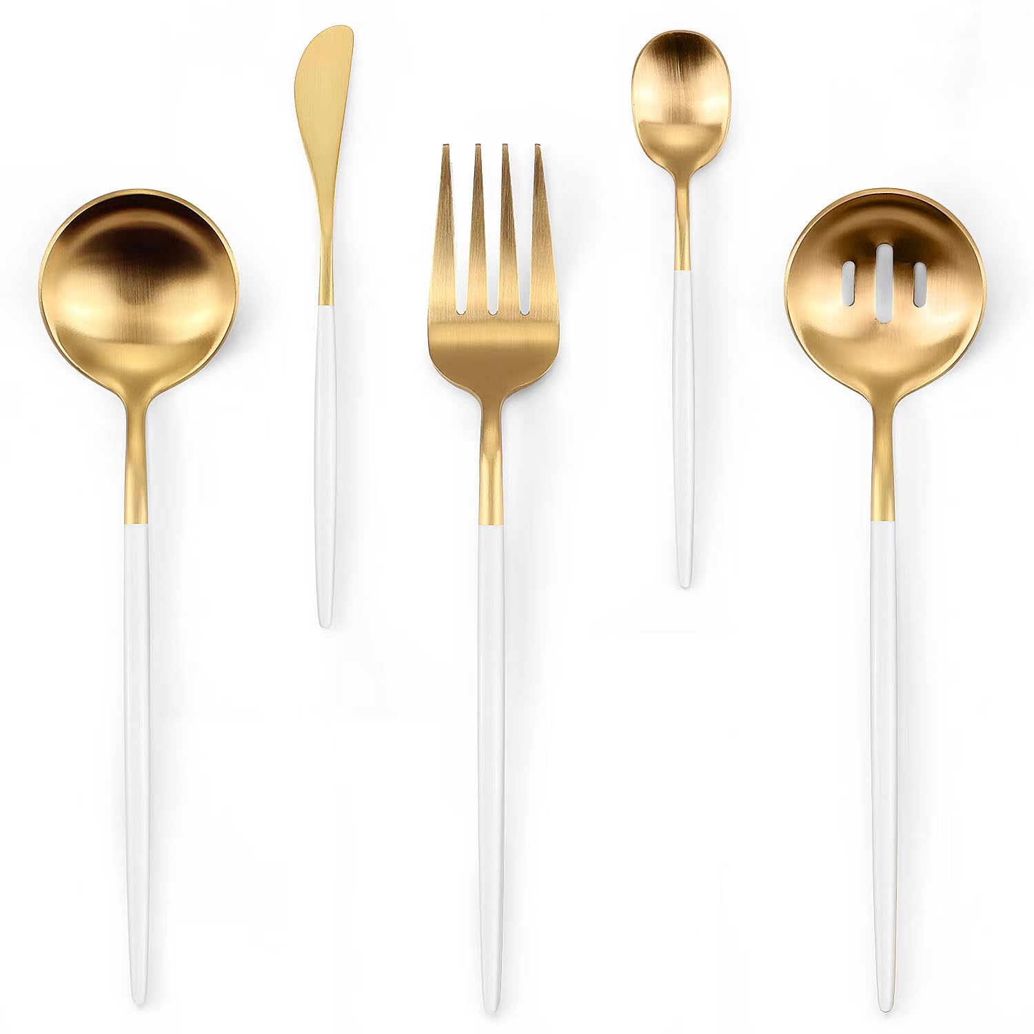 Gold Stainless Steel Serving Utensils Set, 5 Pcs - 10.8 Inch Serving Fork, 10.3 Inch Slotted Spoon, Sugar Spoon, Butter Knife for Buffet