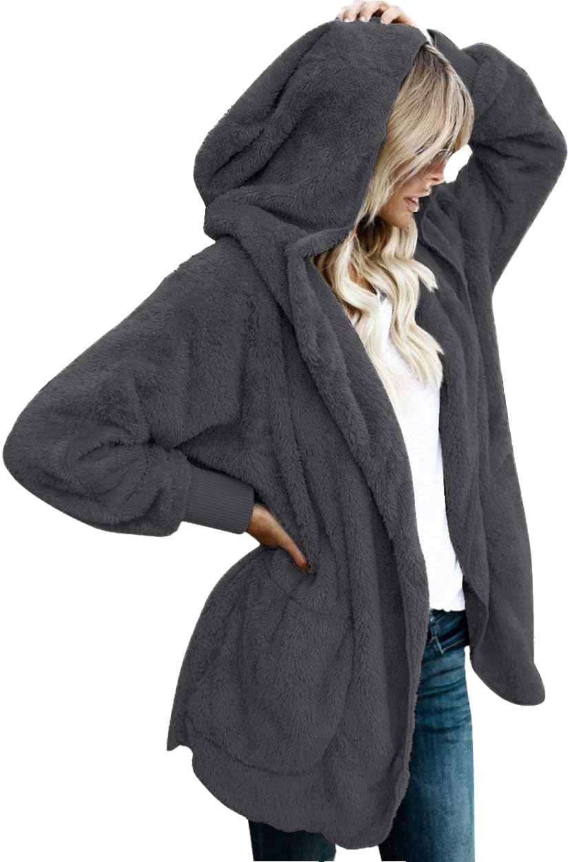 CHICGAL Womens Fuzzy Jacket Hooded Cardigan Open Front Sherpa Coat Outwear with Pockets