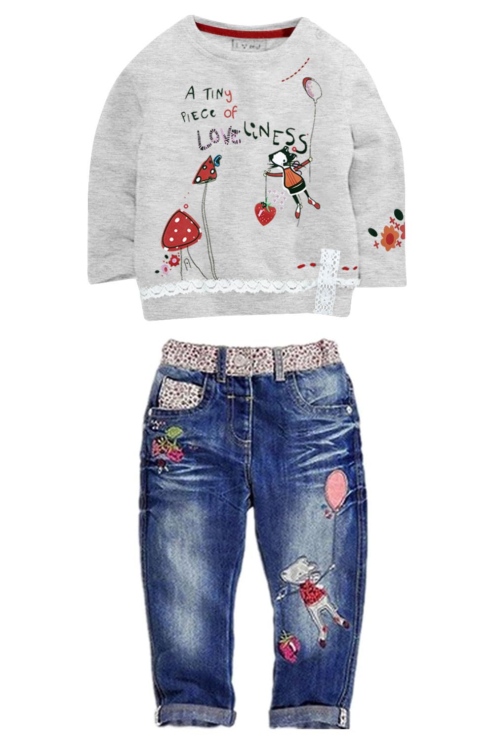 LUKYCILD Toddler Girl Clothes Baby Girl Long Sleeve Top + Jeans Pants with Pockets 2 Piece Outfit Cartoon Clothing Set