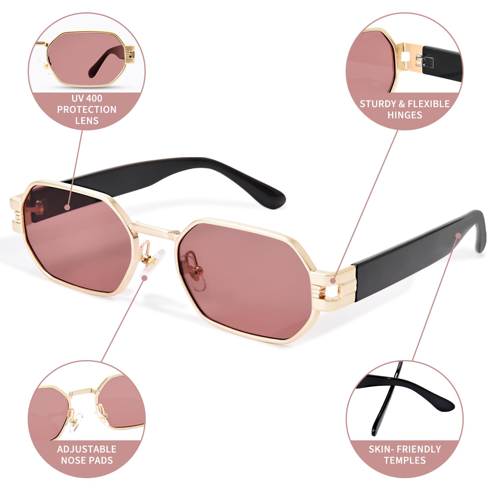 Retro Rectangle Sunglasses for Women Vintage Hexagon Frame Sun Glasses UV400 Protection Trendy Girls Glasses