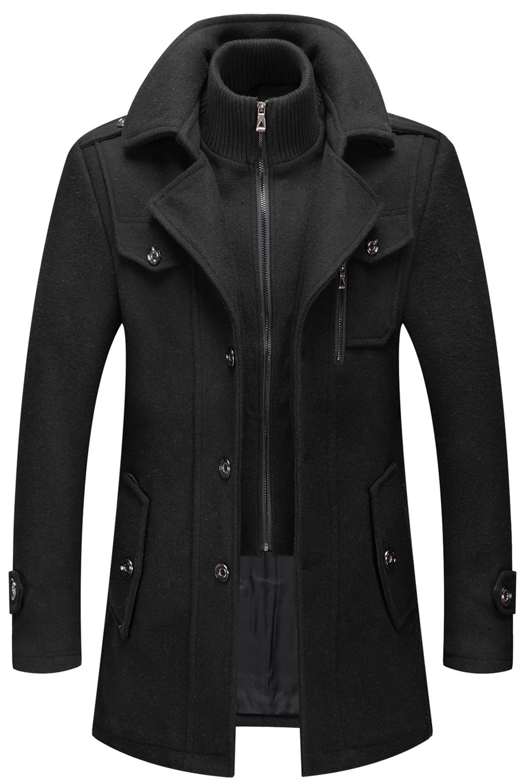 CHARTOU Men's Thermal Single Breasted Wool Blend Coat Business Peacoat with Detachable Zipper