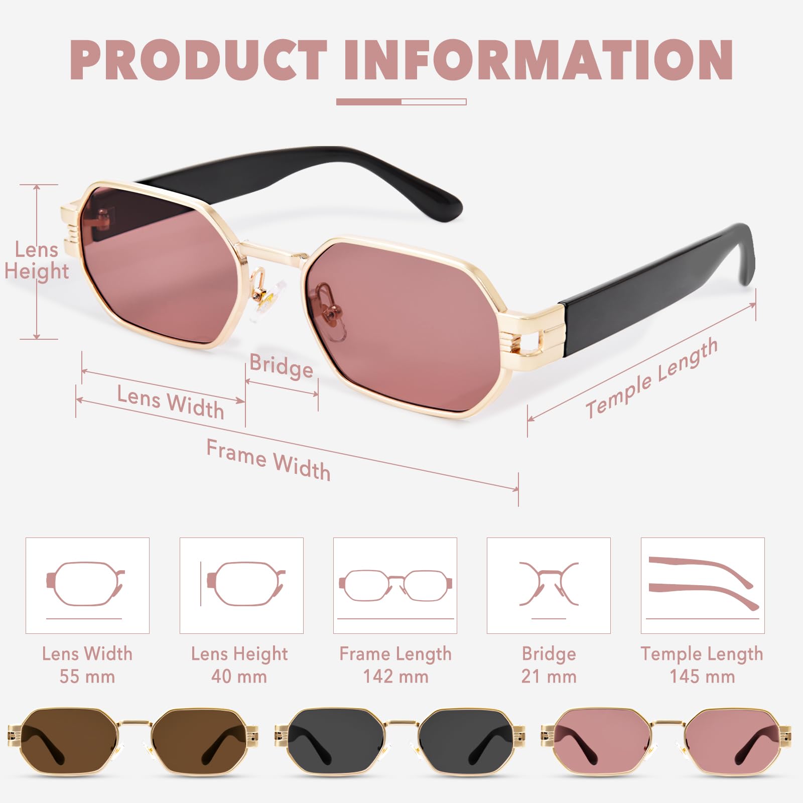 Retro Rectangle Sunglasses for Women Vintage Hexagon Frame Sun Glasses UV400 Protection Trendy Girls Glasses