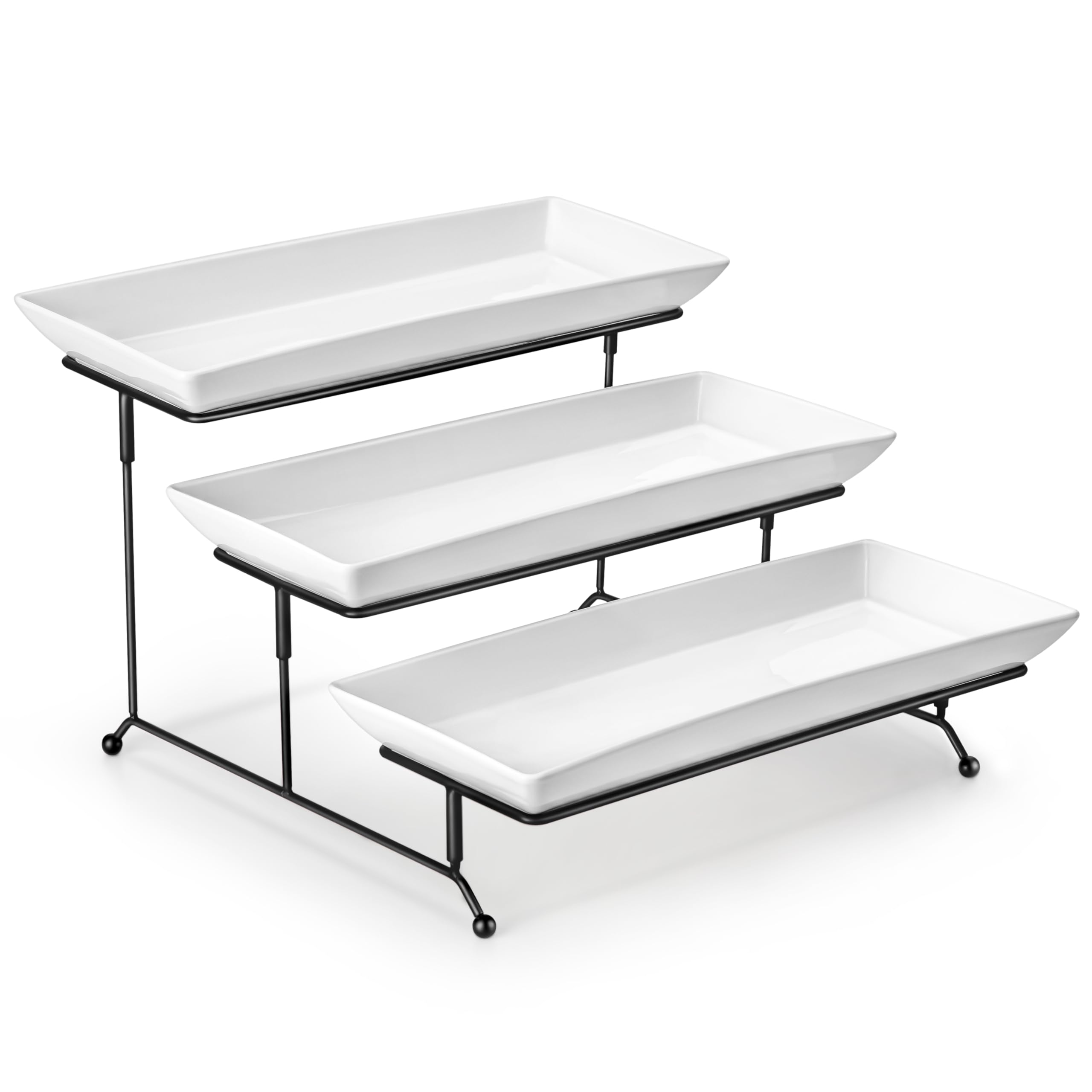 MALACASA 3 Tier Serving Trays for Party, Porcelain Serving Platters and Trays, 12 Inch Tiered Tray Stand, Fruit Tray, Trays for Serving Food, White Dessert Stand with Collapsible Sturdier Metal Rack