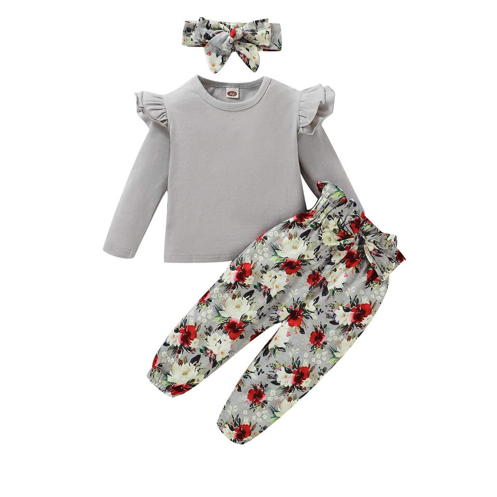 YALLET 3Pcs Toddler Girl Clothes Solid Color Long Sleeves Ruffle Top+Floral Pants+Headband 1-6 Years Fall/Winter Outfits Set