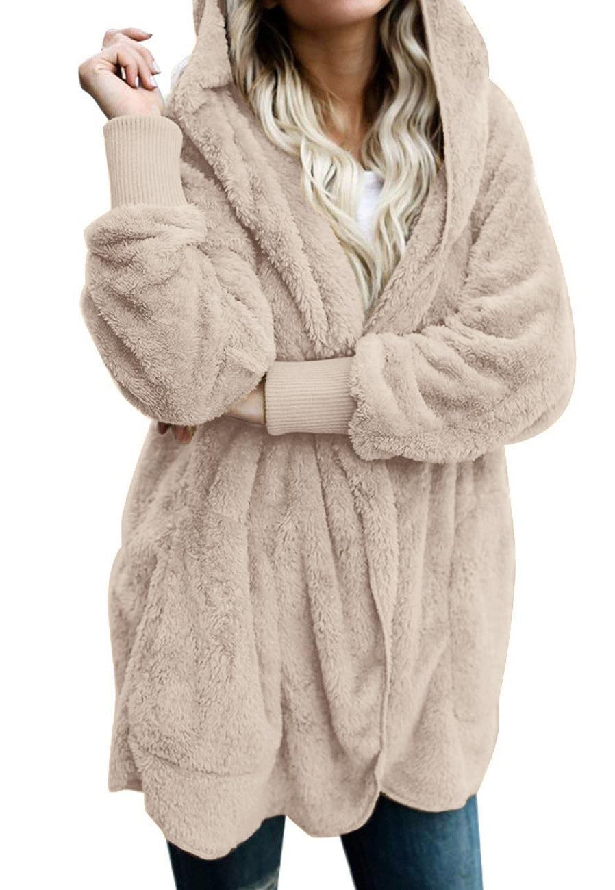 CHICGAL Womens Fuzzy Jacket Hooded Cardigan Open Front Sherpa Coat Outwear with Pockets