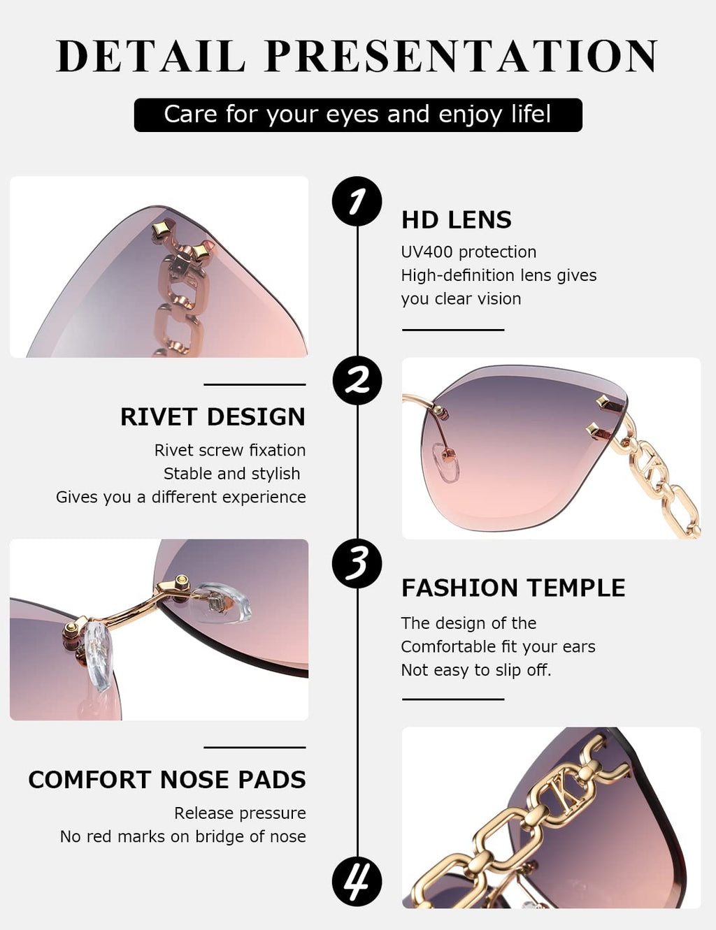 AEVOGUE Sunglasses For Women Oversized Rimless Diamond Cutting Lens Sun Glasses AE0534